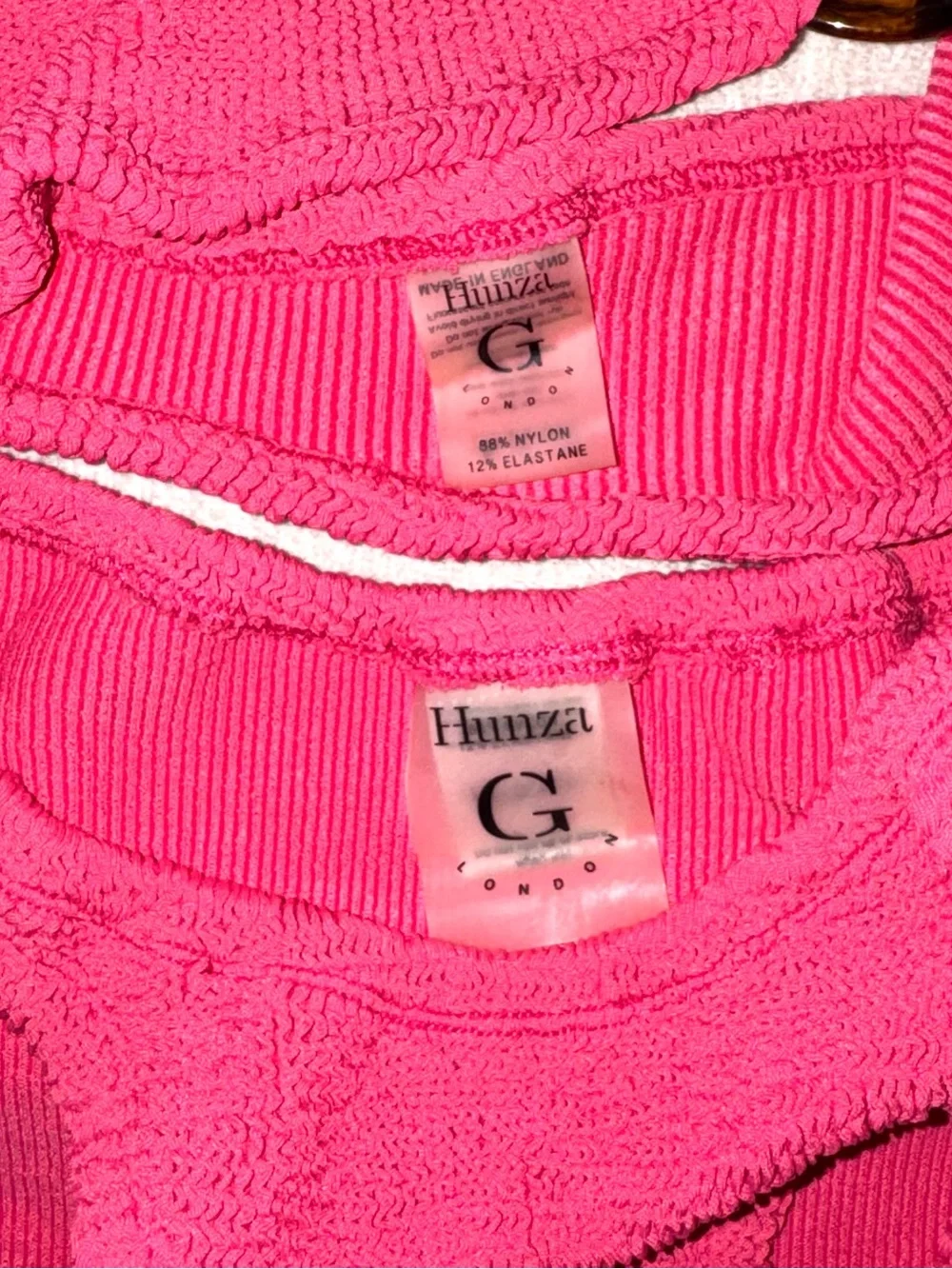 Hunza G Gloria Bandeau Crinkle Bikini Set Pink Fuschia Strapless Tortoise